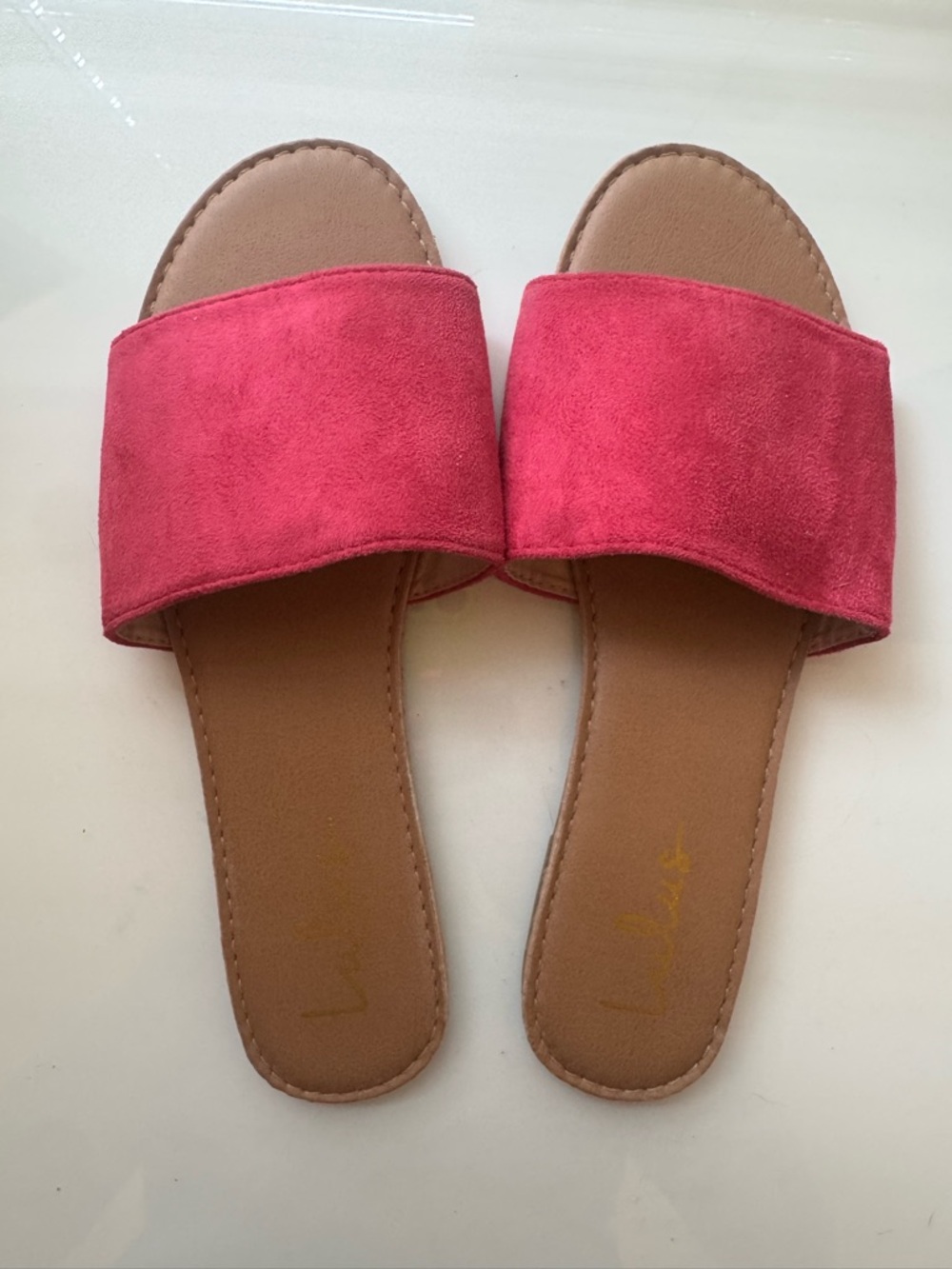 Lulu's Raspberry Pink Suede Wide-Band Slide Sandals - Picture 2 of 5